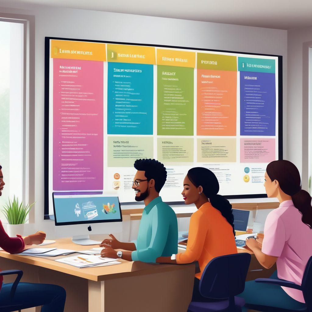 A side-by-side comparison chart showcasing various low-cost insurance options, featuring icons representing home, auto, and health insurance. A friendly, diverse group of people are observing and discussing the chart with expressions of intrigue and excitement. In the background, a stylized office setting with colorful sticky notes and a computer displaying quotes. The overall mood is informative yet engaging. vector art. vibrant colors.