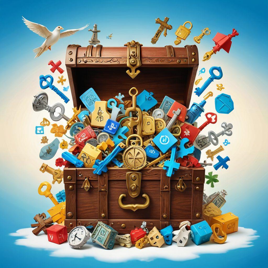 A large key unlocking a treasure chest filled with insurance icons like health, auto, and home coverage symbols surrounded by vibrant quotes and figures illustrating savings. In the background, a calm blue sky representing peace of mind with shield graphics subtly integrated. super-realistic. vibrant colors. white background.